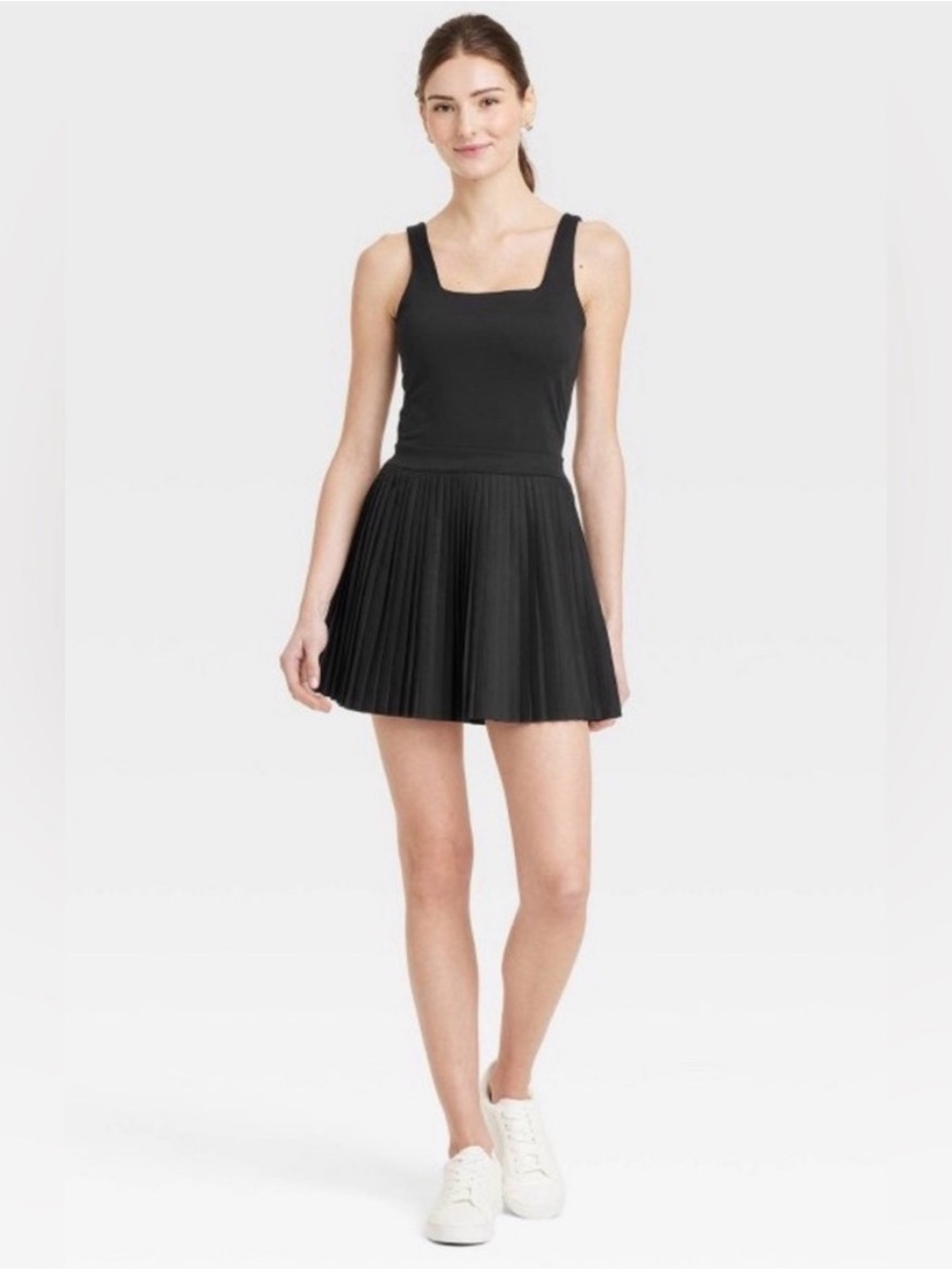 NWT Women’s All in Motion Pleated Active Dress S Black Square Neck Athletic